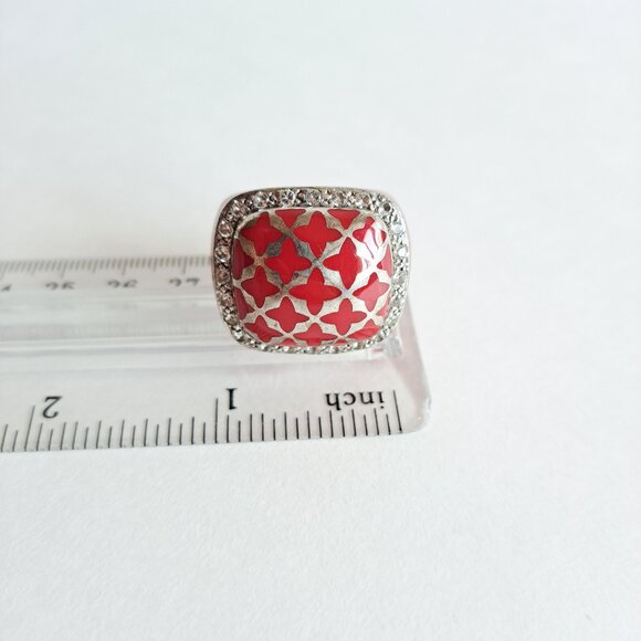 Angelique de Paris 925 Silver Zircon & Resin Red Square Ring Size 6 - Picture 9 of 12